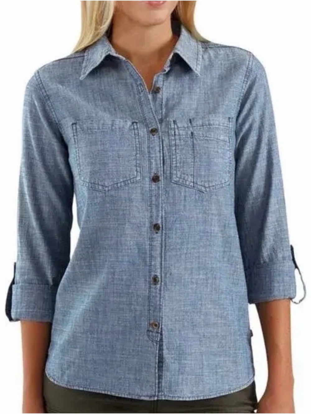 Carhartt Fairview Blue Chambray Button Up Shirt Size M 8/10